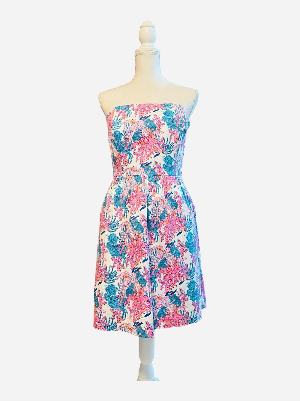 Vineyard Vines Strapless Coral Pattern Dress in White, Pink & Teal Size 8